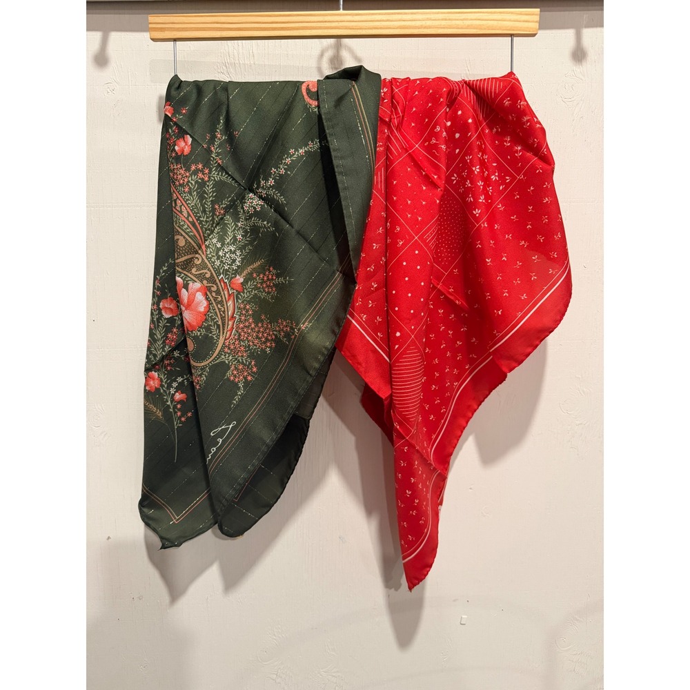 Vintage Leonard Paris Scarf Set Green Paisley Floral & Red Print 30x30